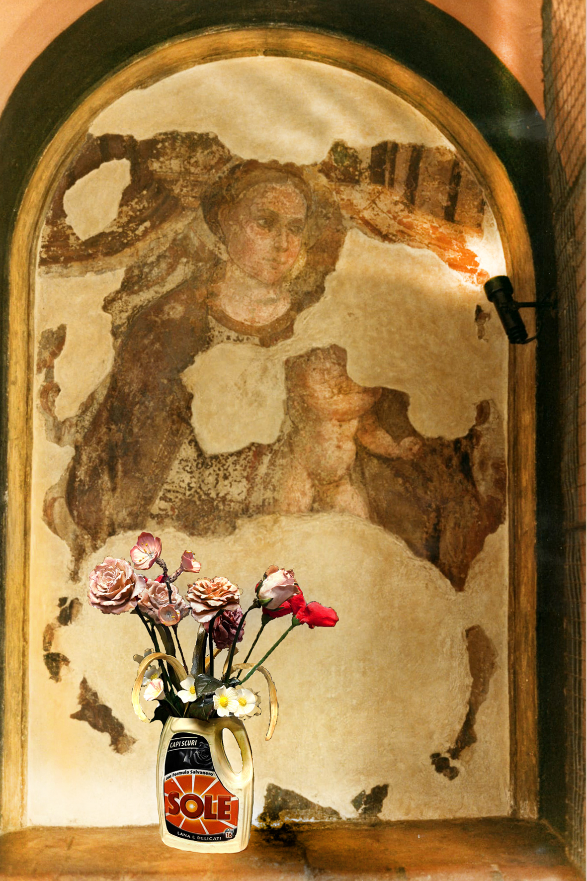 Berttozzi e Casoni_SOLE_2025_ceramica policroma_render veduta installativa con antico affresco